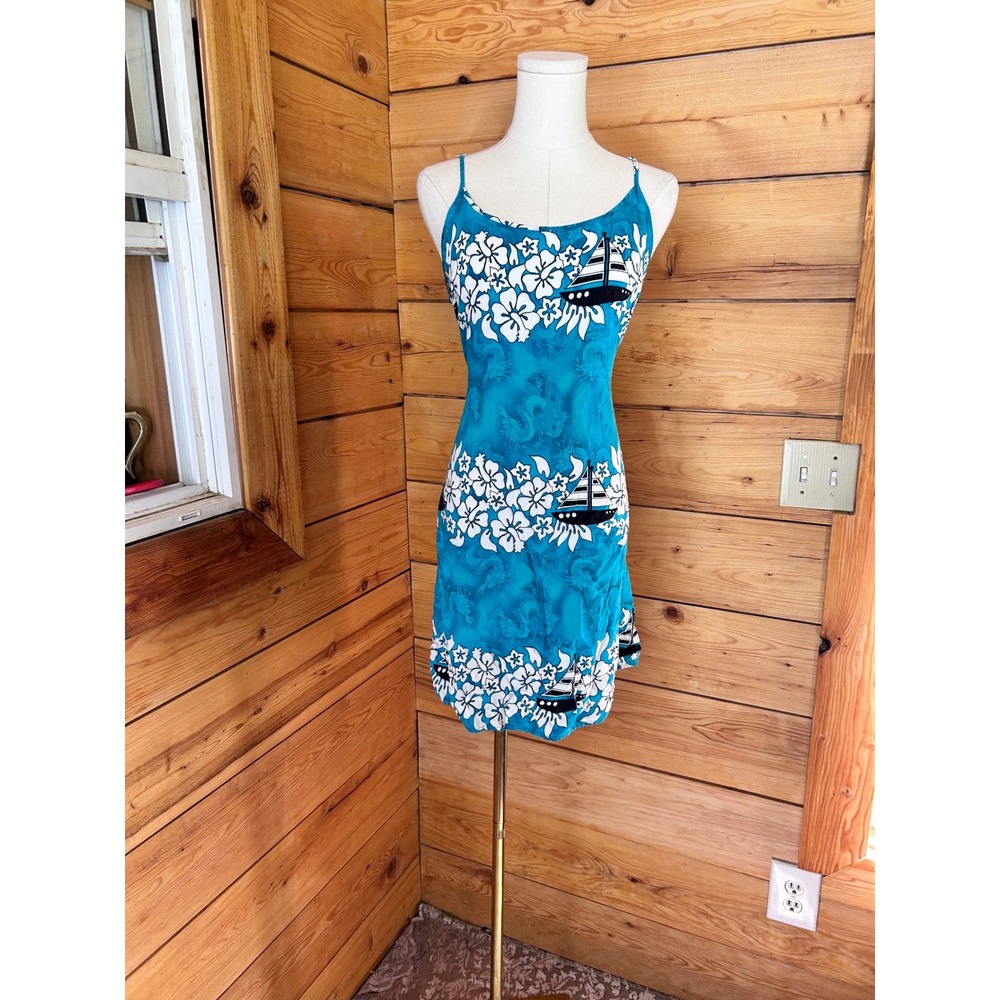 Vintage Tropical Hibiscus Sailboat Slip Dress Women Large Teal Blue Body Touch